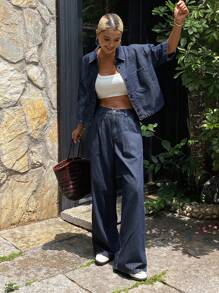 DAZY Women's Western Cowgirl Distressed Washed Loose Short Sleeve Collared Shirt And Wide Leg Pants Casual Vacation Suit, Spring/Summer - Blue - View 5