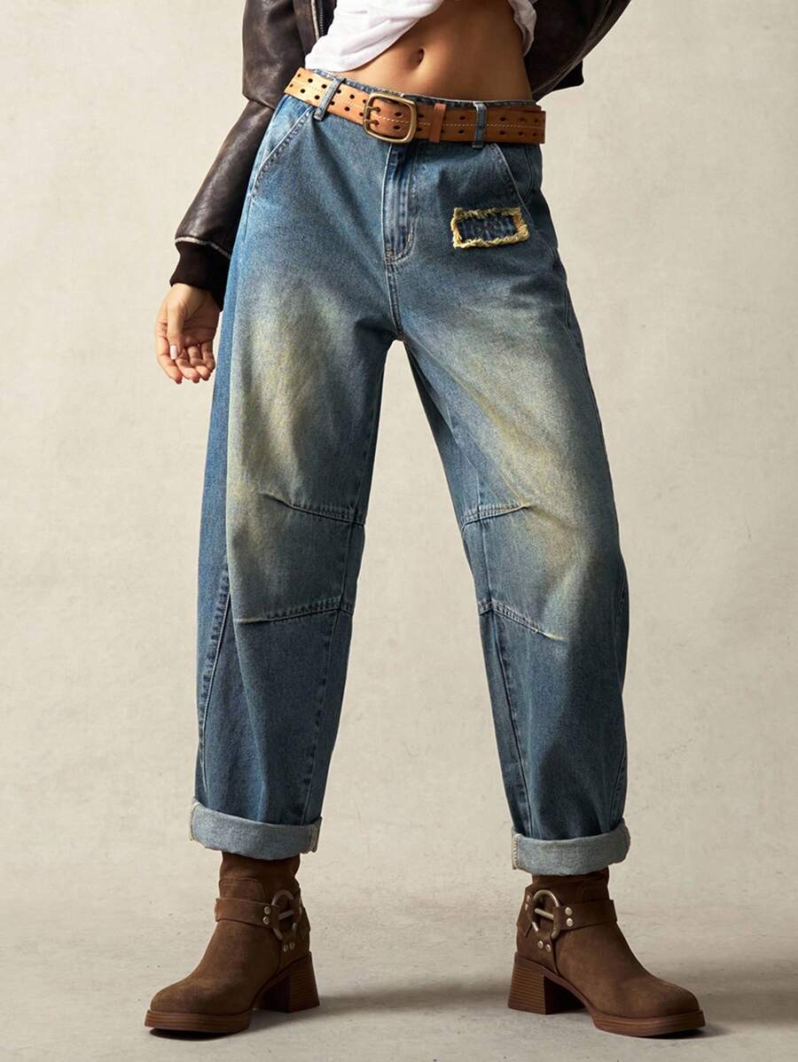 Bohemela Plus Size Casual Washed Vintage Curved Knife Type Pants Baggy Jeans Women Loose Jeans Women Denim Barrel Jeans - Blue - View 1