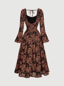 SHEIN MOD Women's Brown Floral Sweetheart Neck Ruffle Flare Sleeve Elegant Dress,Victorian Vintage Autumn Tea Party Dress,Halloween Clothes Witch Outfit - Brown - View 3