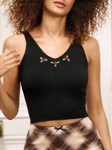 lacRébo Top de punto acanalado negro con bordado de rosa, top para regreso a clases, top de vacaciones, top de otoño, ropa de mujer de otoño e invierno - Negro - Ver 1