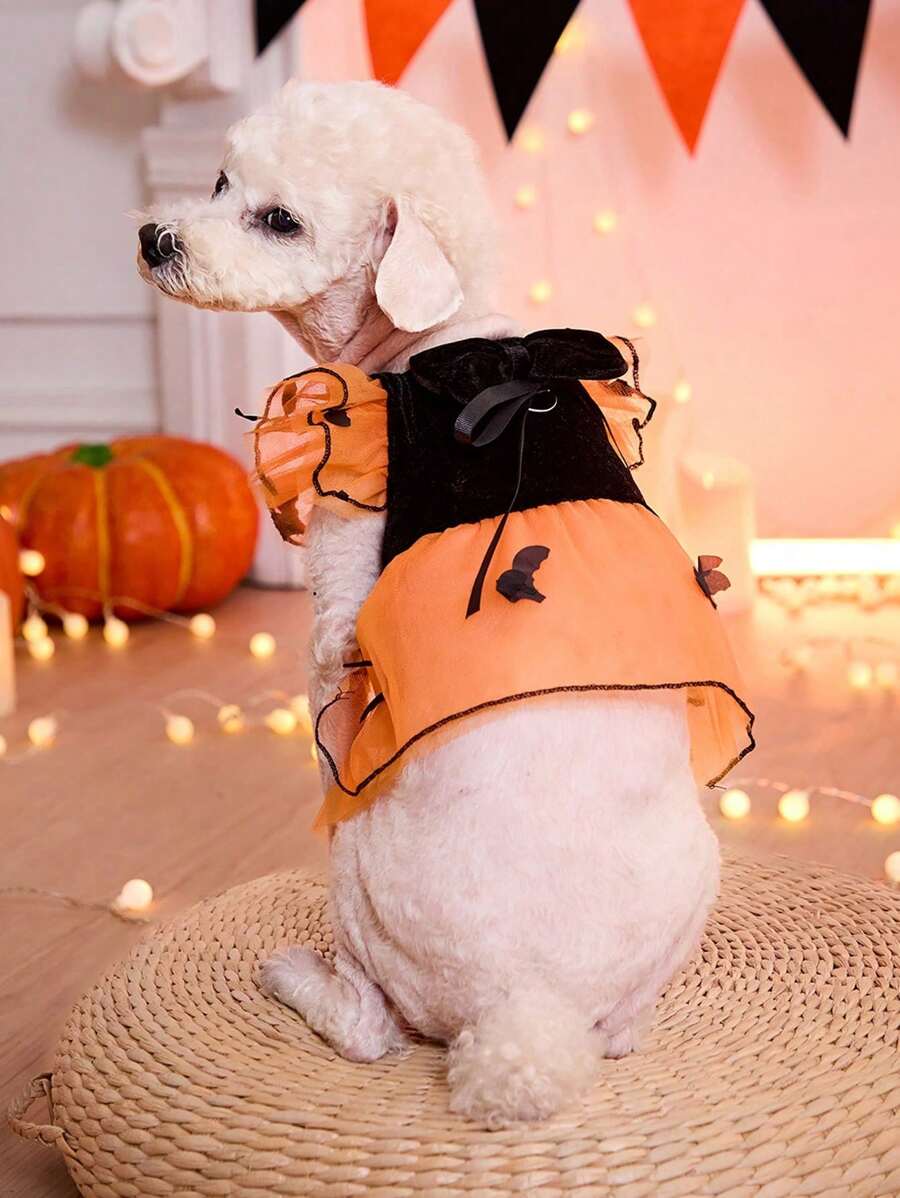 PETSIN Vestido de princesa de malla naranja con murciélago lindo y lazo a juego que se puede quitar, apto para gatos y perros, 1 pieza - Multicolor - Ver 1