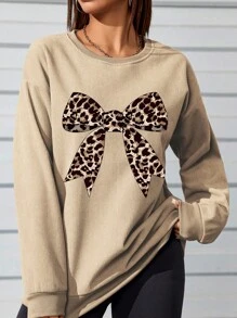 INAWLY Women's Casual Leopard Print Bow Sweatshirt For Autumn Graduation,Back To School,Graduation,Teacher For Women,Back To School Pullover Fall Sweatshirt