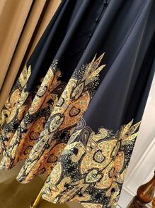 Rometta Never Out Of Style: Gothic Prep With A Wednesday Twist. Embrace Your Inner Shadow Dark Feminine Fashion. Plus Size Women's Popular Fashionable Versatile Thailand Maldives Travel Beach Resort Bohemian Floral Print Waist Cinched Round Neck Long Sleeve Flared Maxi Dress, Spring/Autumn/Winter Fall Cloth For Women