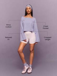 GLOWMODE Washed Pima Cotton Glow And Go Soft Breathable Curled Hem Cuffs Pockets Cropped Length Long-Sleeve Top Daily Casual Wear - Mauve Purple - View 2