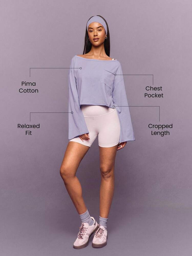 Washed Pima Cotton Glow And Go Soft Breathable Curled Hem Cuffs Pockets Cropped Length Long-Sleeve Top Daily Casual Wear