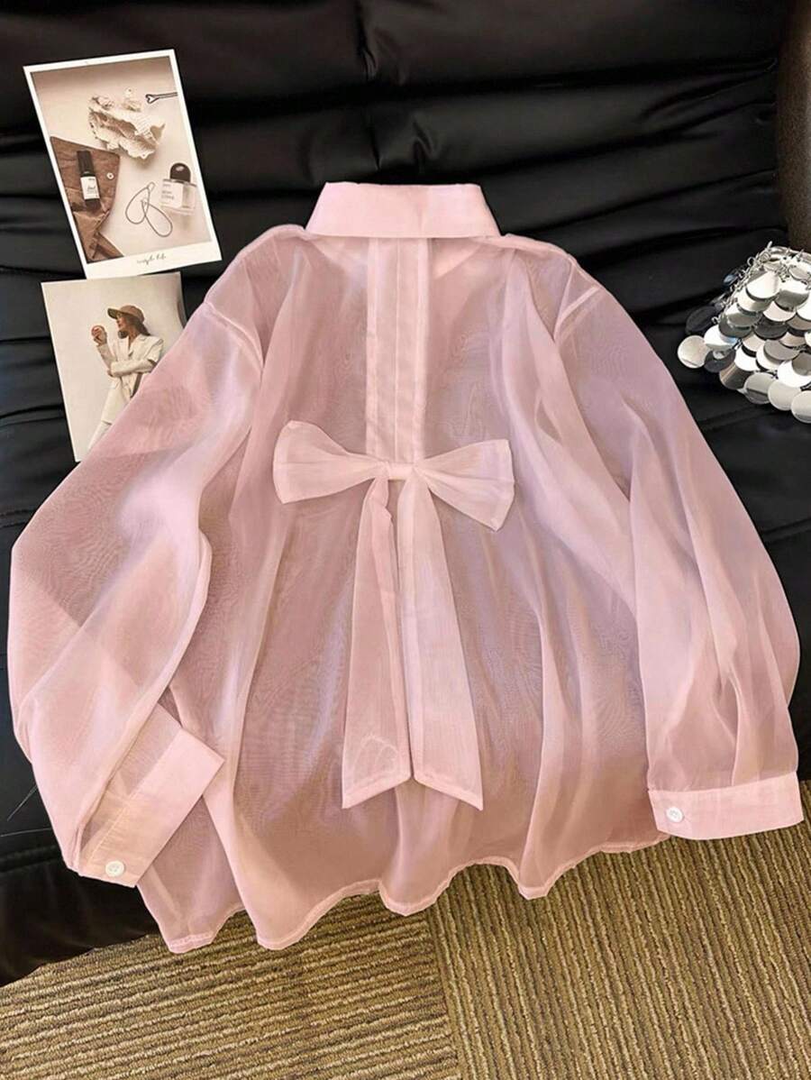 Chiquease 高端休闲度假透明衬衫，带蝴蝶结装饰 - 淺粉色 - 查看 1