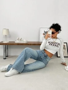 EURMUSE Gerade geschnittene Jeans im Lässig-Stil mit hoher Taille - Mittele Waschung - Übersicht 1