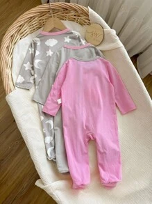 嬰兒女孩可愛印花拼色翻領裝飾長袖針織柔軟舒適家居連體褲套裝，3入組 - 灰色 - 查看 2