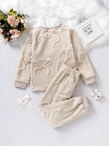 Genkimix Kids Girls' Apricot Butterfly Jacquard Velvet Long Pants And Long Sleeve Casual 2 Pieces Loungewear Set  Girls Lounge Set Soft Pajamas Set Girls Winter Sets Plush Pajama Set Fuzzy Pajama Set 8Y-12Y Fall