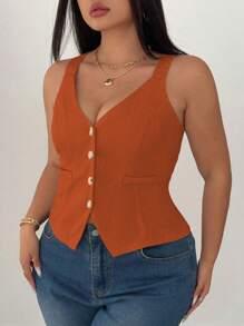 SHEIN Unity Plus Size Women Solid Color Cinched Waist Top Camisole - Orange - View 5