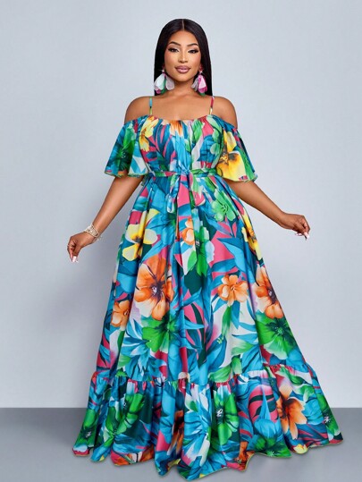 SOLERSUN Vestido de hombros colgantes con pliegues, de manga corta, con borde de hoja de loto, de estilo suelto y elegante, ideal para vacaciones y tiempo libre, de moda floral y sexy, para mujeres de talla grande, para primavera y verano