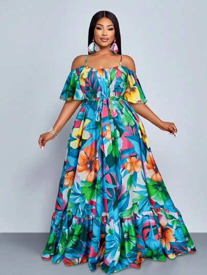 SOLERSUN 大码春夏新款荷叶边短袖系带百褶宽松落地A字挂肩连衣裙优雅休闲度假性感植物花卉时尚女装