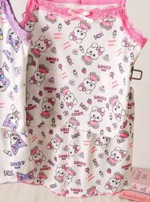 Back To School Fashion 4pcs/Set Young Girl Knitted Camisole & Shorts Set, Cute Rabbit & Kitten Pattern, Purple & Rose Red, Spring/Summer - Multicolor - View 6