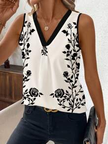 SHEIN Clasi 女士玫瑰印花无袖V领背心，夏季 - 杏色 - 查看 3