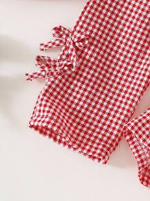 SHEIN 2件套女婴2025春季时尚休闲长袖红白格子上衣+红白格子裤套装