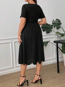 Ellevyn 加大码优雅女士连衣裙，方领，贝壳边，纯色 - 黑色 - 查看 2