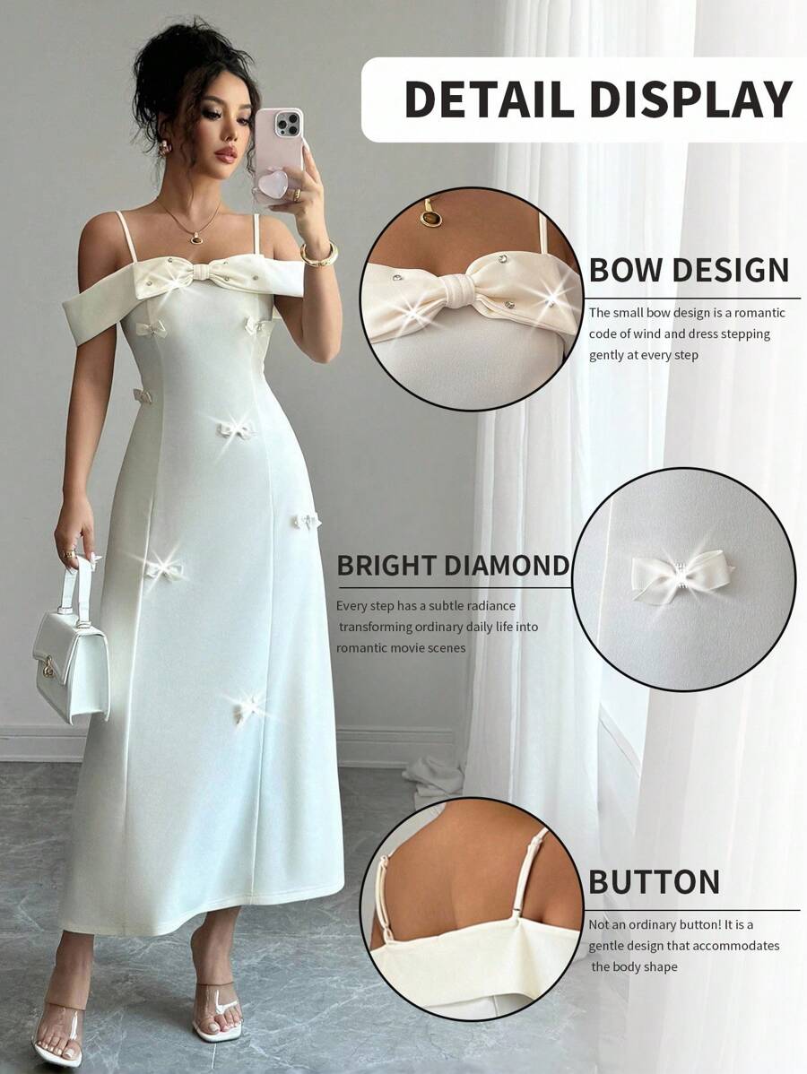 Elenzga 女士优雅蝴蝶结腰修身无袖中长连衣裙，高端大气，百搭减龄 - 杏色 - 查看 1