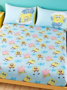 SpongeBob SquarePants | SHEIN 1 pieza Juego de sábana ajustada con estampado de dibujos animados, disponible en tallas para camas individuales/dobles/queen/king, suave, transpirable, cálido y lavable a máquina - Celeste - Ver 4