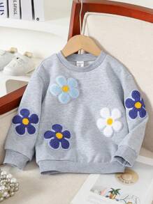 Genkimix Kids 女童幼儿花卉刺绣羊毛圆领卫衣上衣，秋冬 - 灰色 - 查看 9