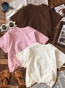 SHEIN Leap Crew 4 件套青少年女孩休闲复古淡紫色、复古奶油粉色、奶油白色、复古学院字母印花简约短袖圆领 T 恤，适合夏季