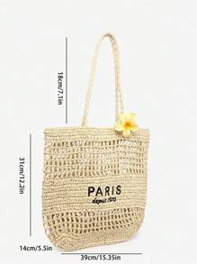 ROMWE Fairycore Women's Floral Hair Clip, Embroidered Letter Straw Tote Bag, Large Capacity Beach Bag, Suitable For Vacation And Shopping