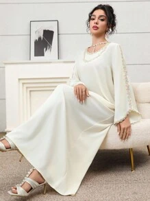Yasmyna Váy Ả Rập thanh lịch cổ tròn tay loe rộng rãi thêu họa tiết cho nữ, mùa hè - Màu vàng - Xem 5