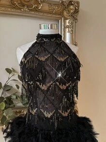 Lovelzi 优雅奢华黑色串珠刺绣手工钻石羽毛装饰短款露背鸡尾酒会礼服