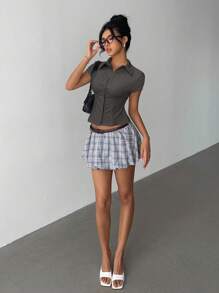 Aloruh Women's Elegant Solid Color Short Sleeve Pleated Waist Shirt, Versatile For Commuting, Daily Wear, Office, Spring/Summer - Dark Grey - View 5