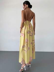 Firerie 女士纯色休闲细肩带露背花卉印花宽松夏威夷度假太阳裙，黄色黄油黄色女士夏季连衣裙 - 黃色 - 查看 3