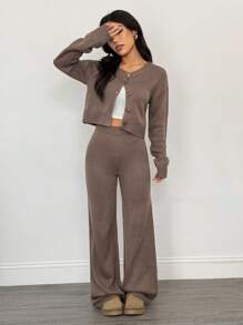 SHEIN PETITE 2件組女款羊毛寬鬆長袖休閒針織衫褲套裝，鈕扣開襟開衫，咖啡棕秋季居家服，秋季服飾，適合嬌小女性 - 棕色 - 查看 4