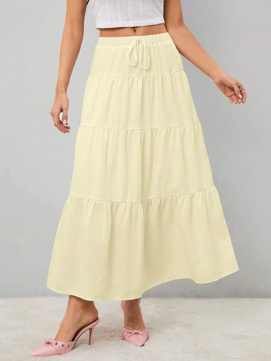 SHEIN Tall 女士纯色高腰系带荷叶边下摆长裙 - 黃色 - 查看 1