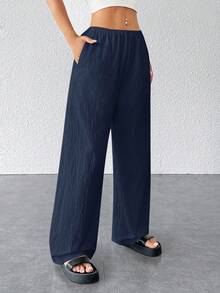SHEIN PETITE 女士纹理简约宽松阔腿裤 - 藏蓝色 - 查看 7