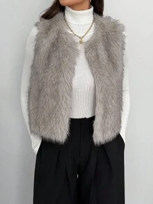SHEIN Tall Women's Solid Color Open Front Fluffy Vest Jacket For Winter Fur Vest