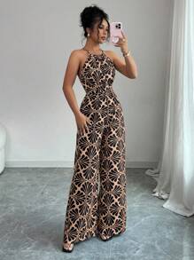 Selianne 女士印花面料束腰连体裤，优雅度假和日常穿着 - 棕色 - 查看 4