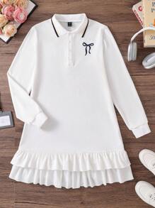 Váy dài vừa phải cho nữ, cổ bo gân, thêu nơ ở ngực, thiết kế viền xếp nếp đôi - trắng - Xem 1