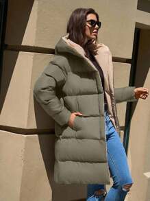 EURMUSE Two-Tone Hooded Pocket Zipper Stand Collar Mid-Length Winter Jacket - Army Green - View 4