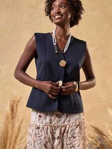 Bóhologie Blazer élégant pour femmes avec boutons dorés de haute qualité, Blazers - Bleu marine - Voir 6