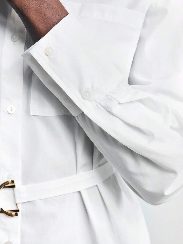 SHEIN Maija Women's Waist Cinching Design Versatile Modern Urban Fashionista Essential Comfortable Shirt Collar Dropped Shoulder Long Sleeve Loose Waist Belt Design Chest Pocket Accent Business Casual Office Wear Low-Key Vintage Vibe High-End Aesthetic Urban Commuter Editor's Pick Social Event Resort Party Charming Women's Shirt Modern Urban Casual Fashion Business Casual Women's Office Wear Low-Key Old Money Style Effortless Temperament High-End Urban Commuting Fall Women Clothes Street Style, Sophisticate