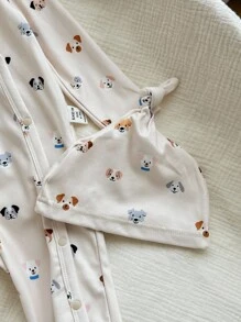 2 件装新生男婴可爱小狗印花圆领前开长袖连体衣带扭结帽，柔软舒适家居服套装 - 卡其色 - 查看 7