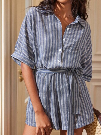 Écloséra 复古宽松休闲亚麻蓝白条纹中长袖叠袖衬衫领腰系带宽松阔腿短裤女连体裤清爽格纹季