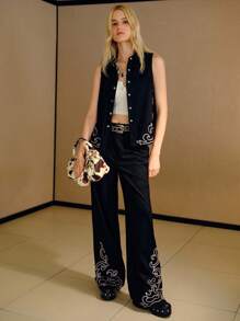 MOTF PREMIUM Quần thêu da lộn - màu đen - Xem 5