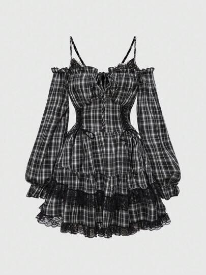 Goth Vestido mini de manga larga con hombros descubiertos y estampado a cuadros, estilo universitario para mujer