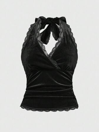 Grunge Punk Débardeur en velours à encolure ras-du-cou avec patchwork de dentelle pour femmes, style Y2K