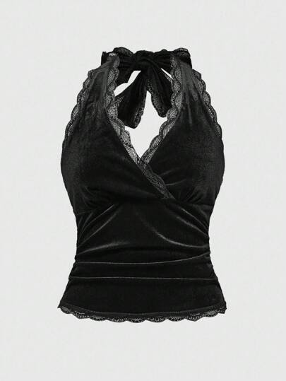 Grunge Punk Camiseta de tirantes con cuello halter de terciopelo y patchwork de encaje estilo Y2K para mujeres