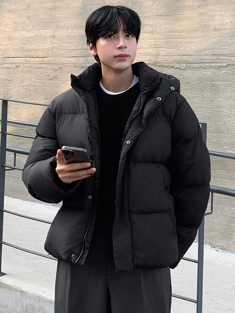 DAZY 男式纯黑色连帽加厚冬季夹克 - 黑色 - 查看 1