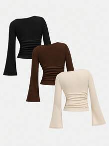 Girlism Tween Girl Multicolor Fall Rib-Knit T-Shirts With Flare Sleeves And Boat Neckline, Long Sleeve Crop Top, 3 Packs Top Winter