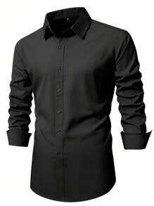 Manfinity Mode Men's Black Long Sleeve Casual Business Shirt, Fall - Black - View 4