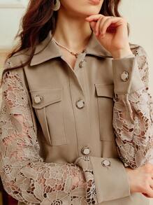 Omancia Women's Lace Patchwork Short Jacket, Elegant & Sophisticated, Suitable For Spring/Autumn, Back To School, Thanksgiving, Halloween, Long Sleeve Top, Y2K , Basic Australian Style Fall Winter Cloth For Women