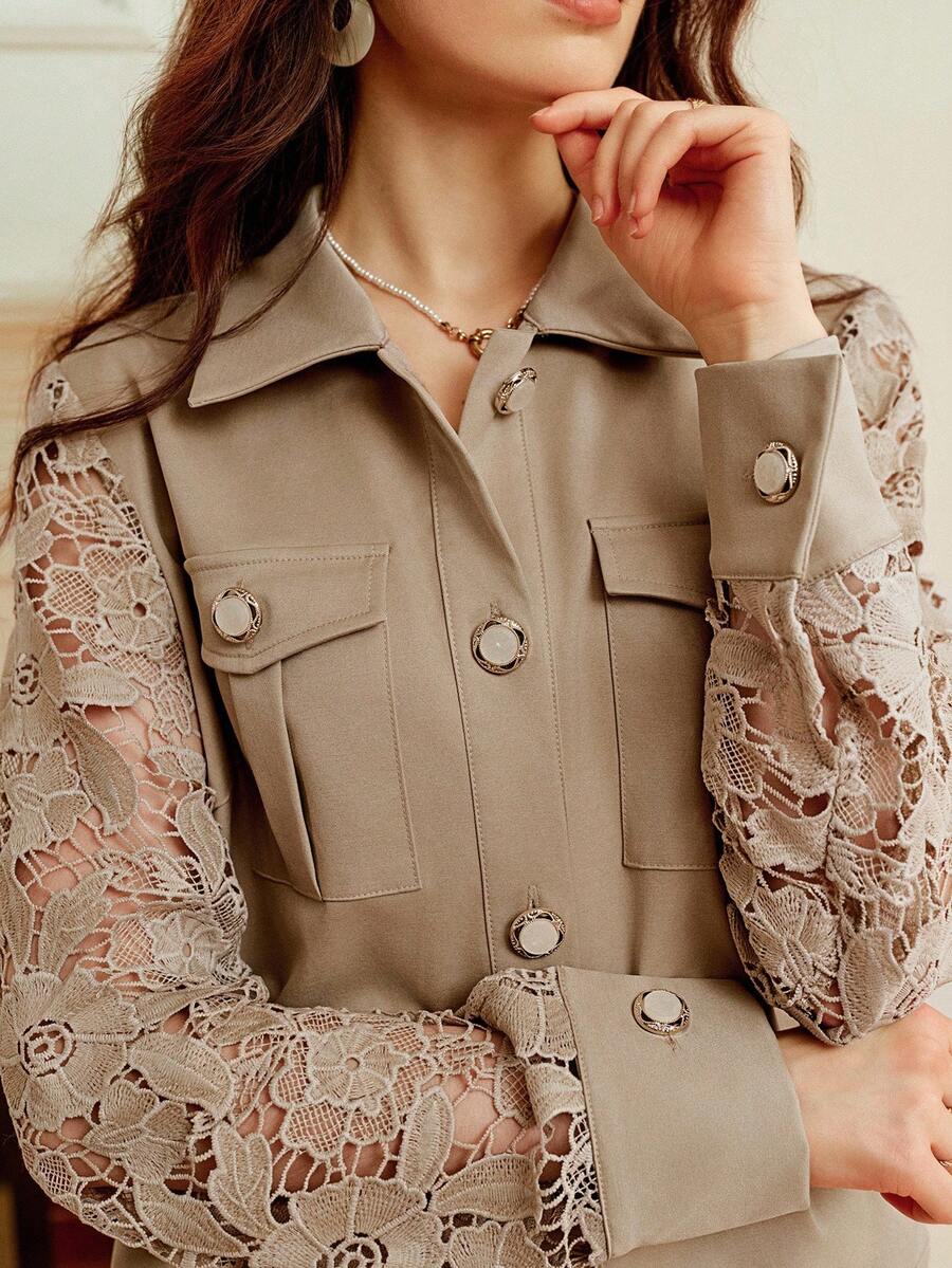 Omancia Women's Lace Patchwork Short Jacket, Elegant & Sophisticated, Suitable For Spring/Autumn, Back To School, Thanksgiving, Halloween, Long Sleeve Top, Y2K , Basic Australian Style Fall Winter Cloth For Women