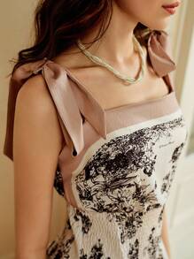 SHEIN Clasi Halloween Holiday Back To School Sweet Style Floral Tie Smocking Stitch A Line Midi Flowy Dress Fall Outfits - Multicolor - View 5